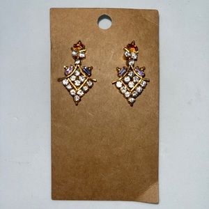 Rhinestone Dangle Gold Tone Pierced Earrings Round Clear Stones Amber Blue Pink